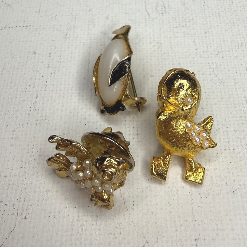 Vintage Gold Tone Animal Pins Lot of 3 Faux Pearls Rhinestones MCM
